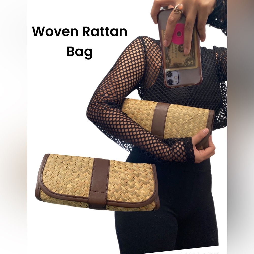 Woven Rattan Clutch with Brown Accents